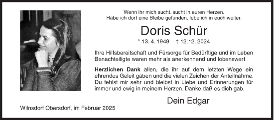 Traueranzeige von Doris Schür von Siegener Zeitung