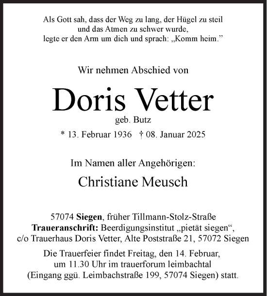Traueranzeige von Doris Vetter von Siegener Zeitung