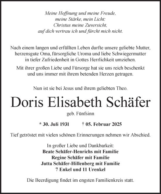 Traueranzeige von Doris Elisabeth Schäfer von Siegener Zeitung