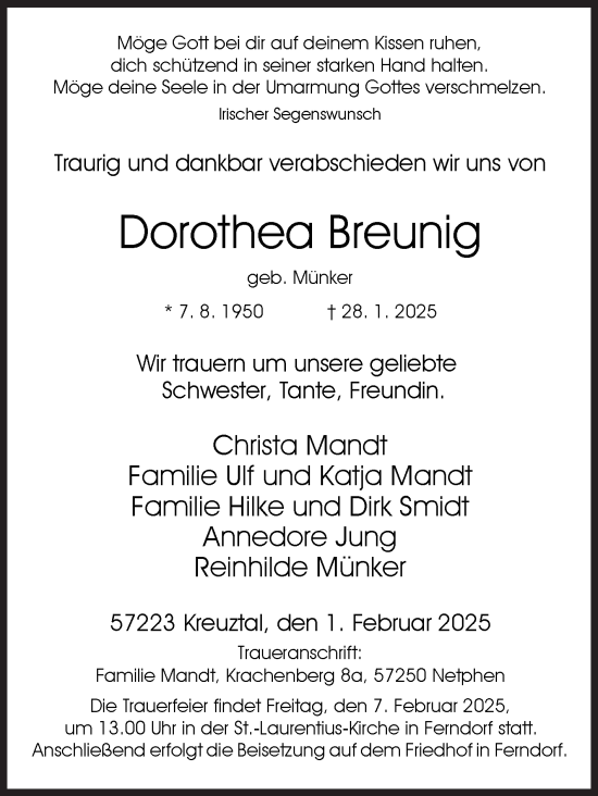 Traueranzeige von Dorothea Breunig von Siegener Zeitung