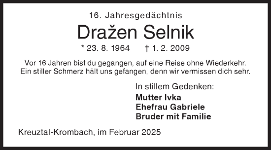 Traueranzeige von Drazen Selnik von Siegener Zeitung