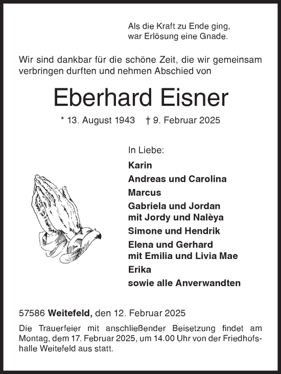 Traueranzeige von Eberhard Eisner von Siegener Zeitung