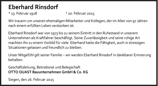 Traueranzeige von Eberhard Rinsdorf von Siegener Zeitung