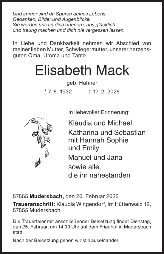 Traueranzeige von Elisabeth Mack von Siegener Zeitung