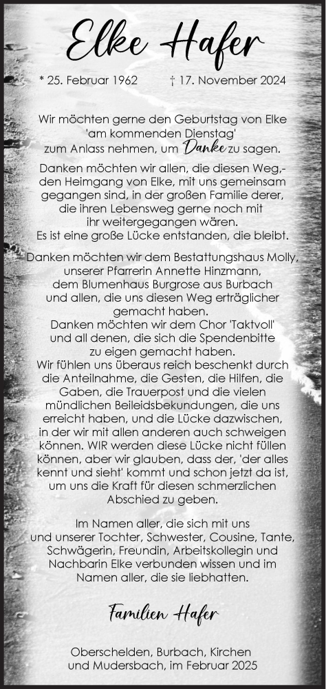 Traueranzeige von Elke Hafer von Siegener Zeitung