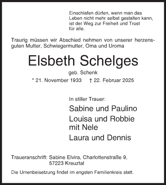 Traueranzeige von Elsbeth Schelges von Siegener Zeitung