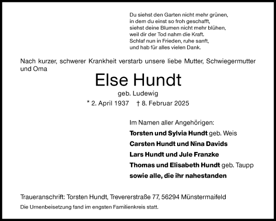 Traueranzeige von Else Hundt von Siegener Zeitung