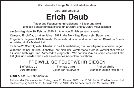 Traueranzeige von Erich Daub von Siegener Zeitung