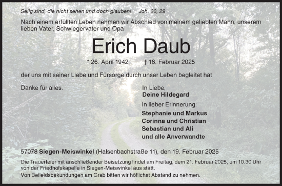 Traueranzeige von Erich Daub von Siegener Zeitung