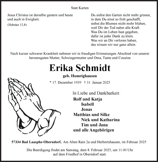 Traueranzeige von Erika Schmidt von Siegener Zeitung