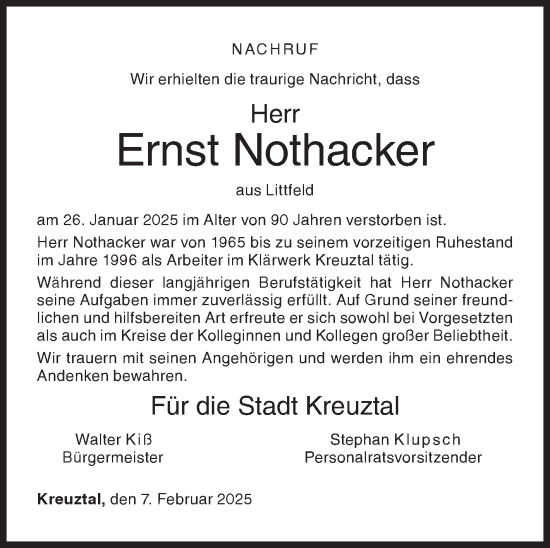 Traueranzeige von Ernst Nothacker von Siegener Zeitung