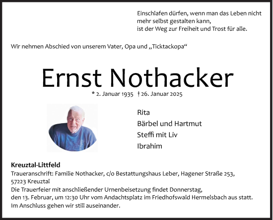 Traueranzeige von Ernst Nothacker von Siegener Zeitung