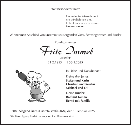 Traueranzeige von Fritz Immel von Siegener Zeitung