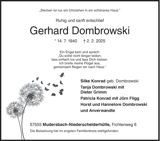 Traueranzeige von Gerhard Dombrowski von Siegener Zeitung