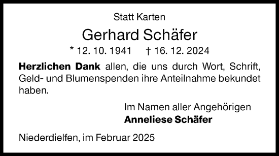 Traueranzeige von Gerhard Schäfer von Siegener Zeitung