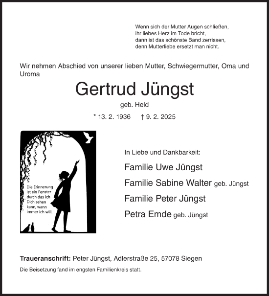 Traueranzeige von Gertrud Jüngst von Siegener Zeitung