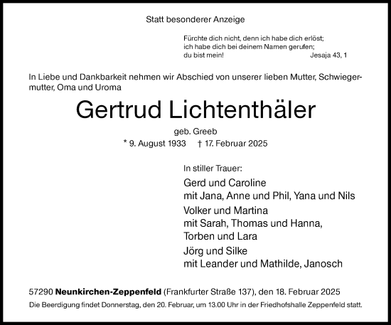 Traueranzeige von Gertrud Lichtenthäler von Siegener Zeitung