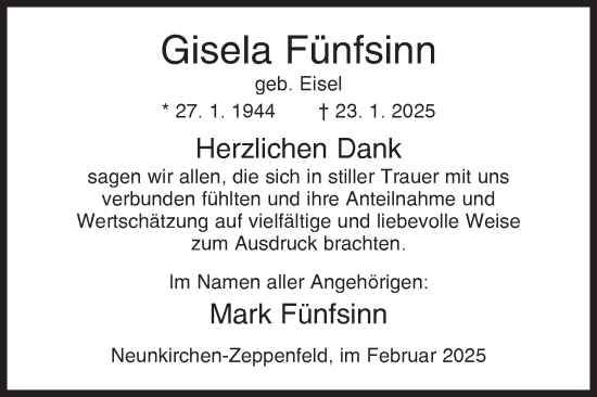 Traueranzeige von Gisela Fünfsinn von Siegener Zeitung