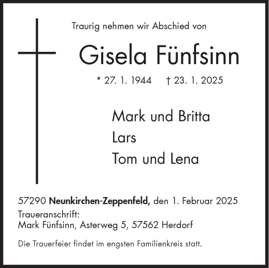 Traueranzeige von Gisela Fünfsinn von Siegener Zeitung