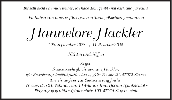 Traueranzeige von Hannelore Hackler von Siegener Zeitung