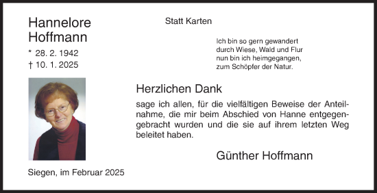 Traueranzeige von Hannelore Hoffmann von Siegener Zeitung