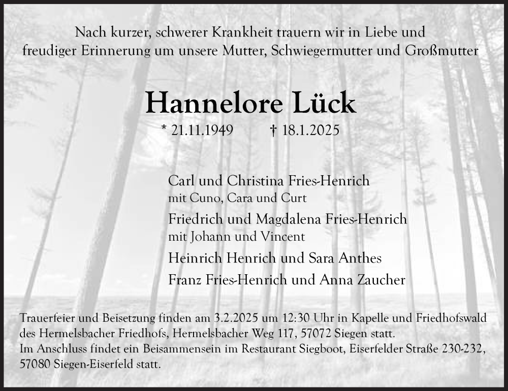  Traueranzeige für Hannelore Lück vom 01.02.2025 aus Siegener Zeitung