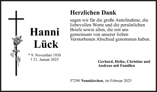 Traueranzeige von Hanni Lück von Siegener Zeitung