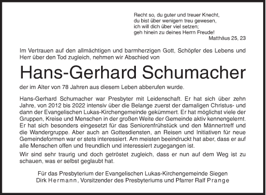 Traueranzeige von Hans-Gerhard Schumacher von Siegener Zeitung