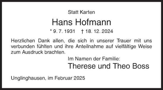 Traueranzeige von Hans Hofmann von Siegener Zeitung