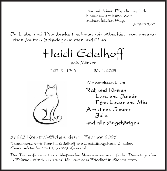 Traueranzeige von Heidi Edelhoff von Siegener Zeitung