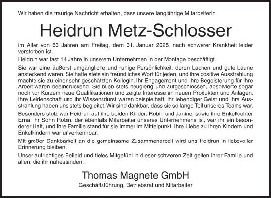 Traueranzeige von Heidrun Metz-Schlosser von Siegener Zeitung