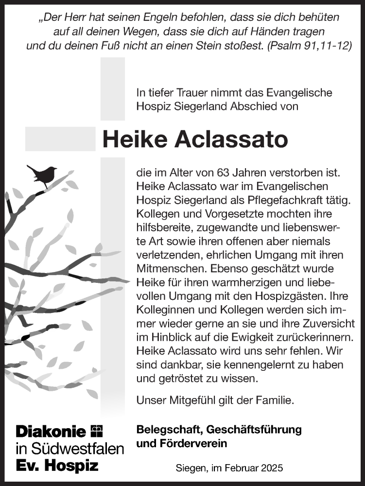  Traueranzeige für Heike Aclassato vom 06.02.2025 aus Siegener Zeitung