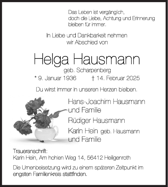 Traueranzeige von Helga Hausmann von Siegener Zeitung