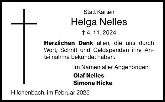 Traueranzeige von Helga Nelles von Siegener Zeitung