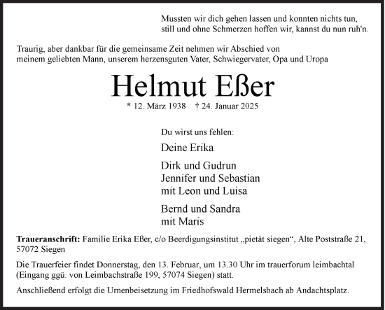 Traueranzeige von Helmut Eßer von Siegener Zeitung