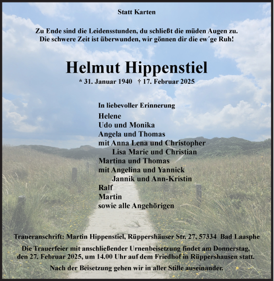 Traueranzeige von Helmut Hippenstiel von Siegener Zeitung
