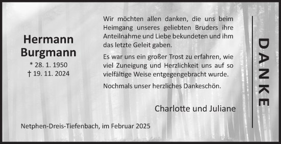 Traueranzeige von Hermann Burgmann von Siegener Zeitung