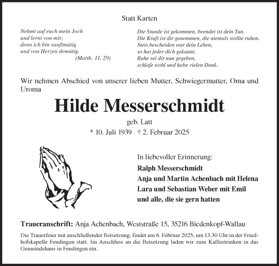 Traueranzeige von Hilde Messerschmidt von Siegener Zeitung