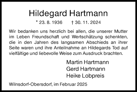 Traueranzeige von Hildegard Hartmann von Siegener Zeitung