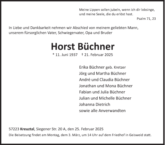 Traueranzeige von Horst Büchner von Siegener Zeitung