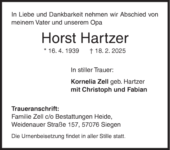 Traueranzeige von Horst Hartzer von Siegener Zeitung