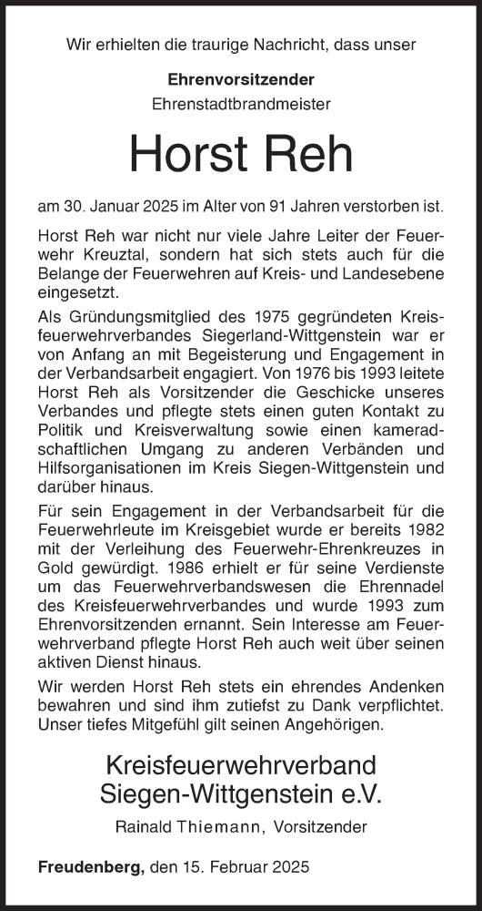 Traueranzeige von Horst Reh von Siegener Zeitung