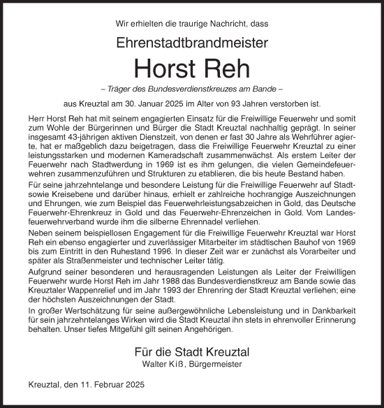 Traueranzeige von Horst Reh von Siegener Zeitung