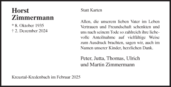 Traueranzeige von Horst Zimmermann von Siegener Zeitung