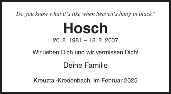 Traueranzeige von Hosch  von Siegener Zeitung