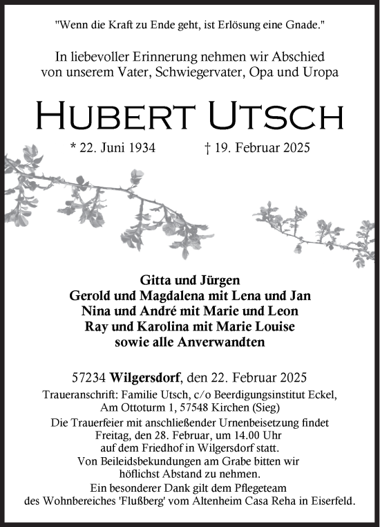 Traueranzeige von Hubert Utsch von Siegener Zeitung