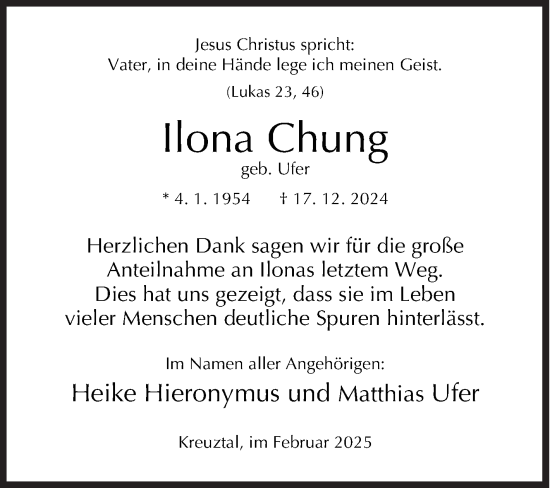 Traueranzeige von Ilona Chung von Siegener Zeitung