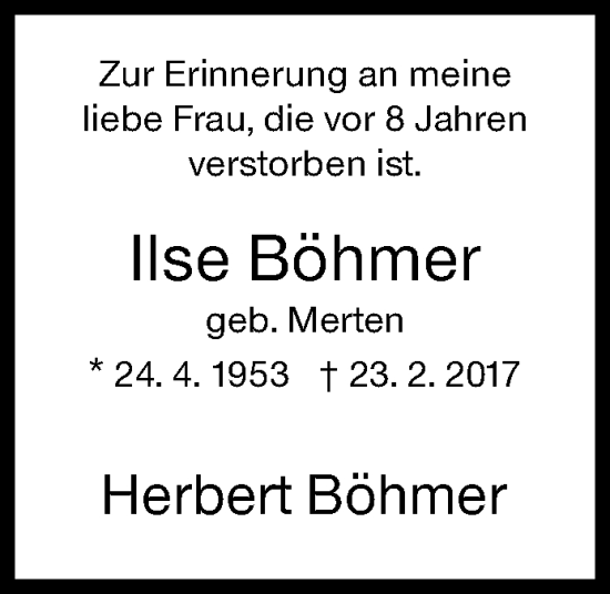Traueranzeige von Ilse Böhmer von Siegener Zeitung