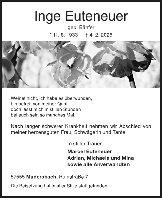 Traueranzeige von Inge Euteneuer von Siegener Zeitung