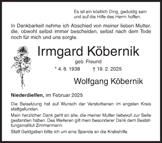 Traueranzeige von Irmgard Köbernik von Siegener Zeitung